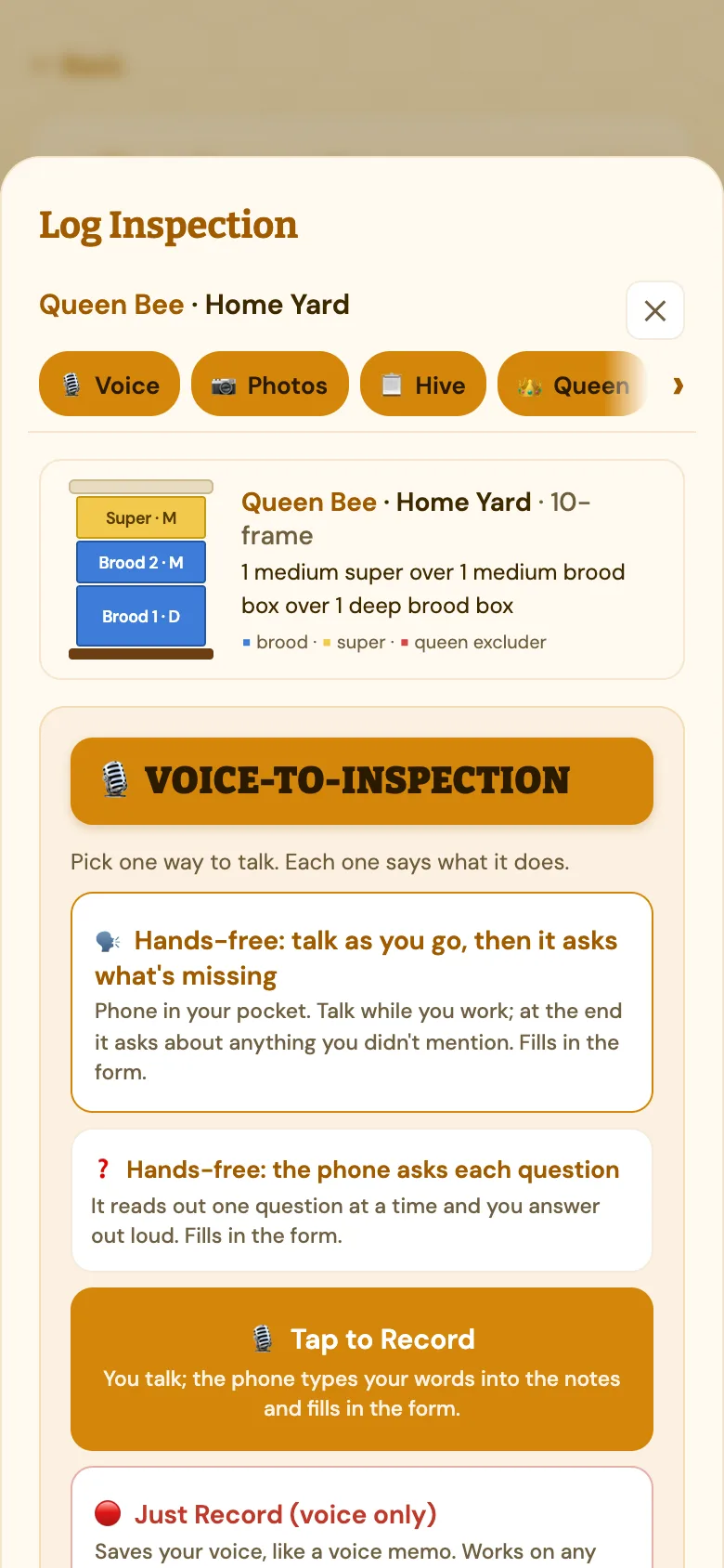 The Log Inspection sheet: a drawing of the hive's three boxes, then the Voice-to-Inspection choices: hands-free as you go, hands-free with the phone asking each question, Tap to Record, and Just Record.