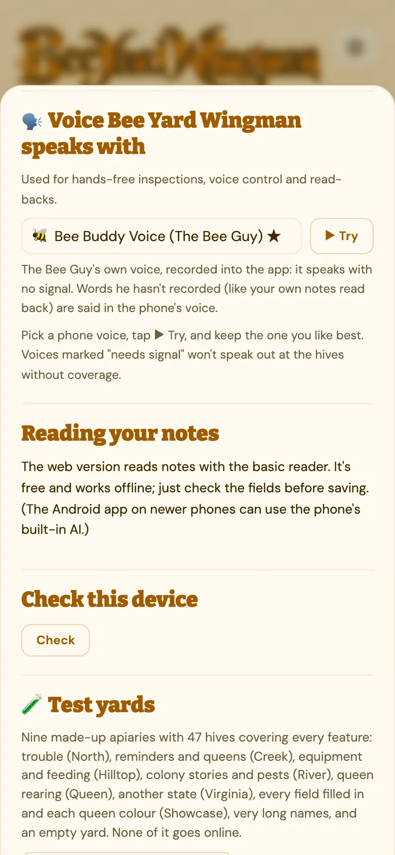 Settings, the voice Bee Yard Wingman speaks with: Bee Buddy Voice (The Bee Guy) is picked, with a Try button. The Bee Guy's own voice, recorded into the app: it speaks with no cell service.